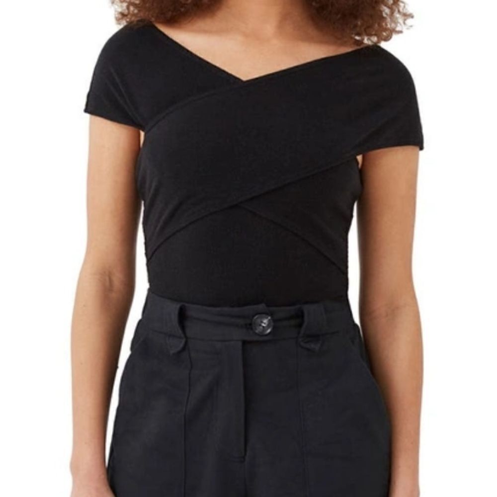 4th & Reckless Black Ribbed Wrap Front Off Shoulder Bodysuit US XL Cap Sleeve